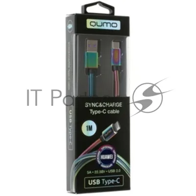 Кабель Qumo Type-С кабель, 1м, USB 2.0, 5В, 2А, 10Вт, тканевая оплетка, стальной коннектор, черный