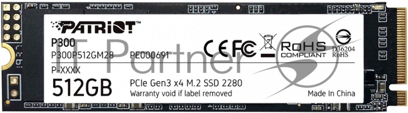 Накопитель SSD Patriot P300, 512Gb, PCIe 3.0 x4, M.2 2280, NVMe, R/W 1700/1200