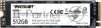 Накопитель SSD Patriot P300, 512Gb, PCIe 3.0 x4, M.2 2280, NVMe, R/W 1700/1200
