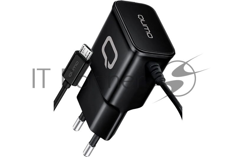 Сетевое зарядное устройство Qumo Energy (Charger 0024) 2.1A, встроенный кабель MicroUSB, черный
