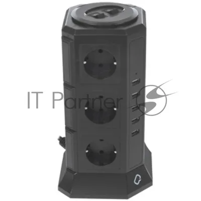 Сетевой фильтр Qumo Power Tower Pro 12SP5U (P-0001), 12 розеток, 2200 Вт, 10A, кабель 2 м 3*1 мм чистая медь, пожаробезопасный пластик, евровилка, 5 USB портов 4.5A суммарно