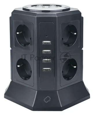 Сетевой фильтр Qumo Power Tower Pro 8SP4U (P-0002), 8 розеток, 2200 Вт, 10A, кабель 2 м 3*1 мм чистая медь, пожаробезопасный пластик, евровилка, 4 USB порта 4.5A суммарно