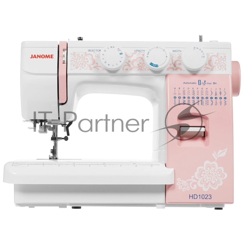 Швейная машина Janome HD1023 белый/розовый, электромеханическая, вертикальный качающийся, 25 операций, автоматическая петля