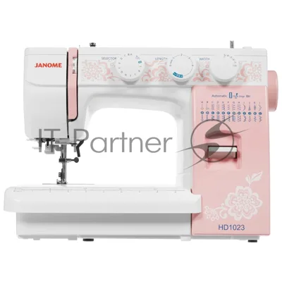 Швейная машина Janome HD1023 белый/розовый, электромеханическая, вертикальный качающийся, 25 операций, автоматическая петля