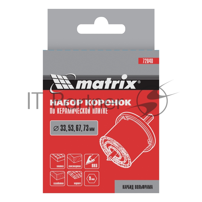 Набор коронок Matrix по керамической плитке, 33-53-67-73 мм, 6-гранный хвостовик