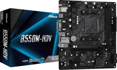 Материнская плата ASRock B550M-HDV, AM4, AMD B550, 2xDDR4, 4xSATA, 1xM.2, 1xPCIe 4.0 x16, 1xDVI-D, 1xHDMI, 1xVGA, 1x 1Gb LAN, 3x3.5 мм, 7.1, mATX