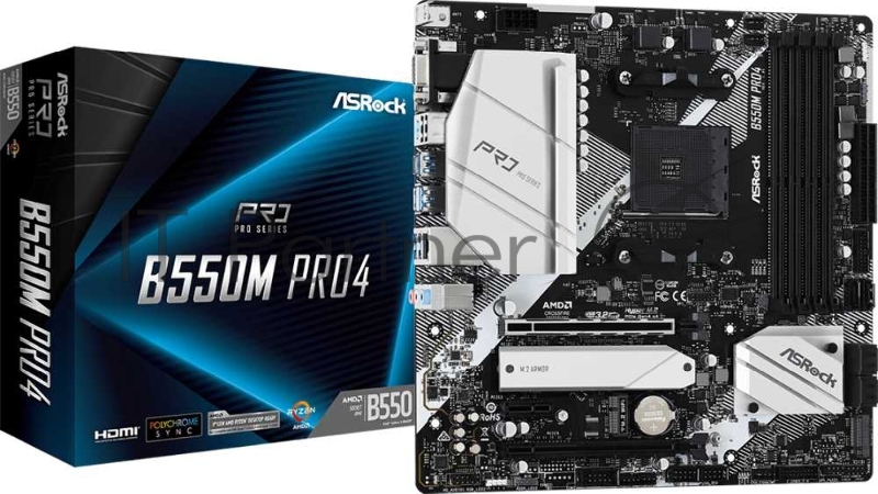Материнская плата ASRock B550M Pro4, AM4, AMD B550, 4xDDR4, 6xSATA, 2xM.2, 1xPCI-E 3.0 x16, 1xPCI-E 4.0 x16, 1xDisplayPort, 1xHDMI, 1xVGA, 1x 1Gb LAN, 3x3.5 мм, 7.1, microATX