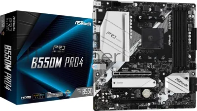Материнская плата ASRock B550M Pro4, AM4, AMD B550, 4xDDR4, 6xSATA, 2xM.2, 1xPCI-E 3.0 x16, 1xPCI-E 4.0 x16, 1xDisplayPort, 1xHDMI, 1xVGA, 1x 1Gb LAN, 3x3.5 мм, 7.1, microATX