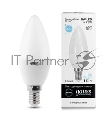 Лампа светодиодная LED Gauss 8Вт E14 220В 6500К Elementary свеча 33138