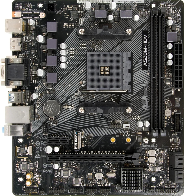 Материнская плата ASRock A520M-HDV, AM4, AMD A520, 2xDDR4, 4xSATA, 1xM.2, 1xPCIe 3.0 x16, 1xPCIe 3.0 x1, D-Sub, DVI-D, HDMI, 1x 1Gb LAN, 6xUSB, 7.1, microATX