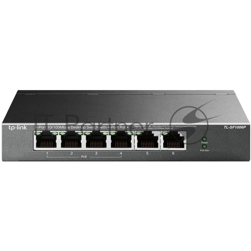 Коммутатор TP-Link 4-port 10/100Mbps Unmanaged PoE+ Switch with 2 10/100Mbps uplink ports, meta case, desktop mount, 4 802.3af/at compliant PoE+ port, 2 10/100Mbps uplink ports, DIP switches for Extend mode, Isolation mode and Priority mode, up to 250m PoE power supply
