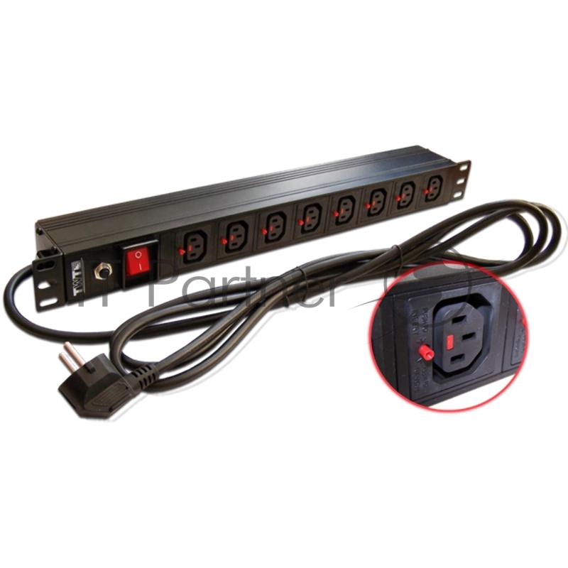 Блок розеток 19" 8 шт. C13 с фиксатором вилки, 10A 250V, шнур питания 3.0 м