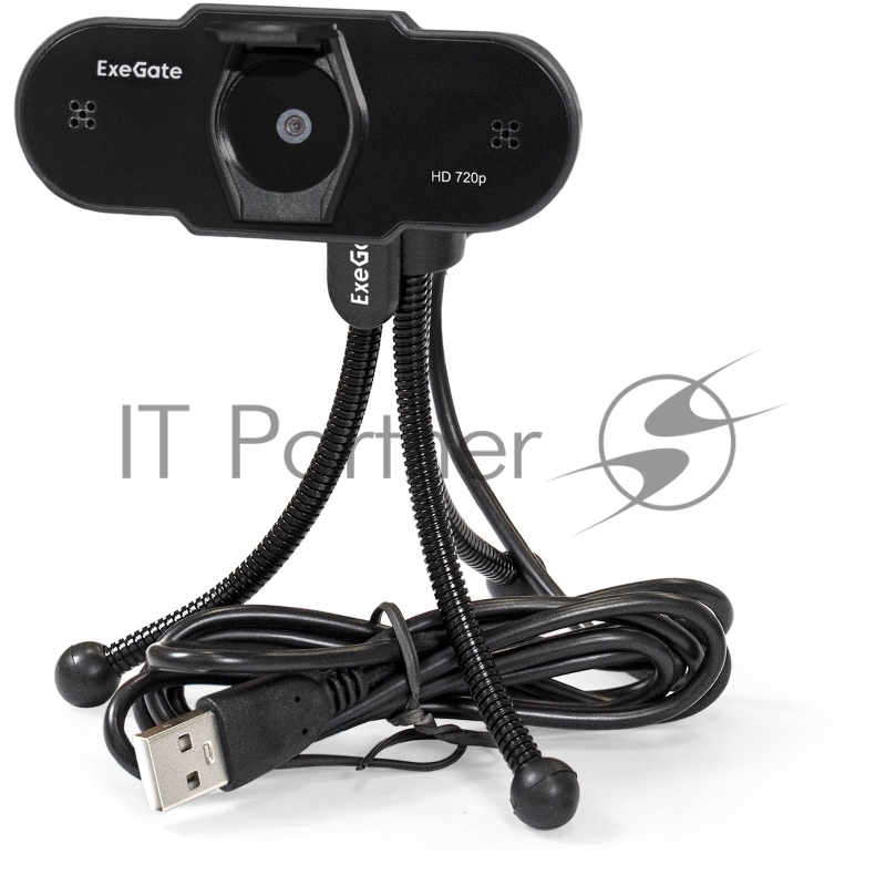 Веб-камера ExeGate BlackView C525 HD 1280x720, 30 кадр/с, USB Type-A, микрофон (шумоподавление), шторка приватности, универсальное крепление, штатив в комплекте