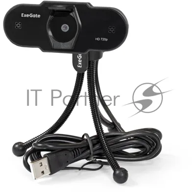 Веб-камера ExeGate BlackView C525 HD 1280x720, 30 кадр/с, USB Type-A, микрофон (шумоподавление), шторка приватности, универсальное крепление, штатив в комплекте