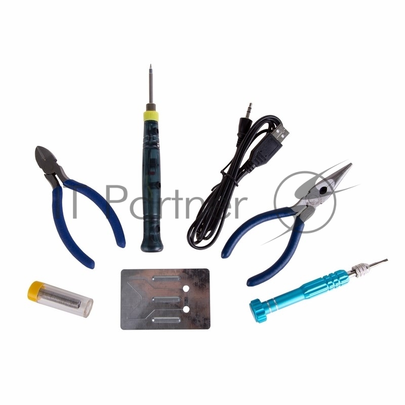 Набор для пайки Rexant (USB паяльник 8 Вт, кусачки, тонкогубцы, подставка, припой, отвертка)
