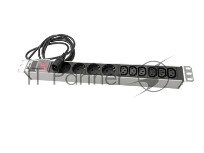 Блок розеток Rem-10 с выкл., 4 Sсhuko, 6 IEC 60320 C13, 10 A, алюм., 19", шнур 1,8 м. IEC 60320 C14 (R-10-4S-6C13-V-440-1.8)