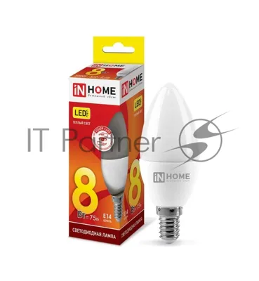 Лампа светодиодная LED-СВЕЧА-VC 8Вт 230В E14 3000К 720лм IN HOME 4690612020426