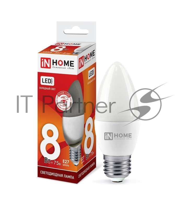 Лампа светодиодная LED-СВЕЧА-VC 8Вт 230В E27 6500К 720лм IN HOME 4690612024820