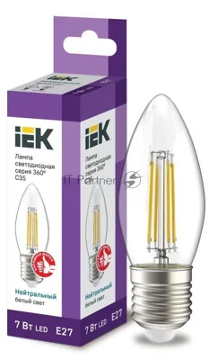Лампа светодиодная IEK LLF-C35-7-230-40-E27-CL филаментная 360° 7Вт C35 свеча 4000К E27 230В прозр.