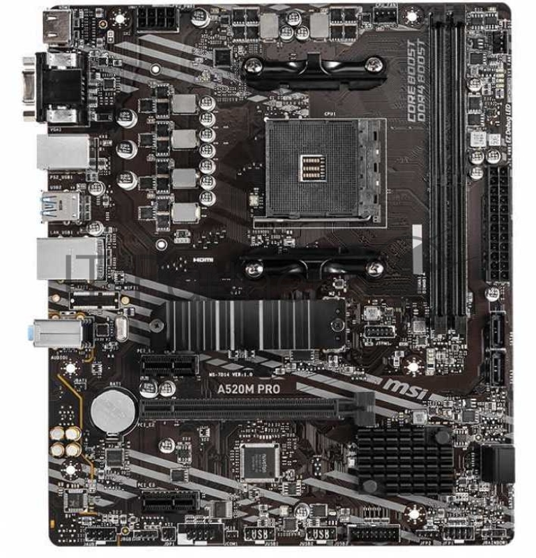 Материнская плата MSI A520M PRO, AM4, AMD A520, 2xDDR4, 4xSATA, 1xM.2, 1xPCIe 3.0 x16, DisplayPort, HDMI, D-Sub, 1x1Gb LAN, 3x3.5 мм, 7.1, microATX