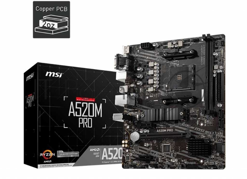 Материнская плата MSI A520M PRO, AM4, AMD A520, 2xDDR4, 4xSATA, 1xM.2, 1xPCIe 3.0 x16, 1xVGA, 1xDP, 1xHDMI, 1x 1Gb LAN, 2xUSB 2.0, 4xUSB 3.2 Gen 1, 3x3.5 мм, 7.1, mATX