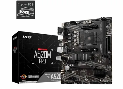 Материнская плата MSI A520M PRO, AM4, AMD A520, 2xDDR4, 4xSATA, 1xM.2, 1xPCIe 3.0 x16, 1xVGA, 1xDP, 1xHDMI, 1x 1Gb LAN, 2xUSB 2.0, 4xUSB 3.2 Gen 1, 3x3.5 мм, 7.1, mATX