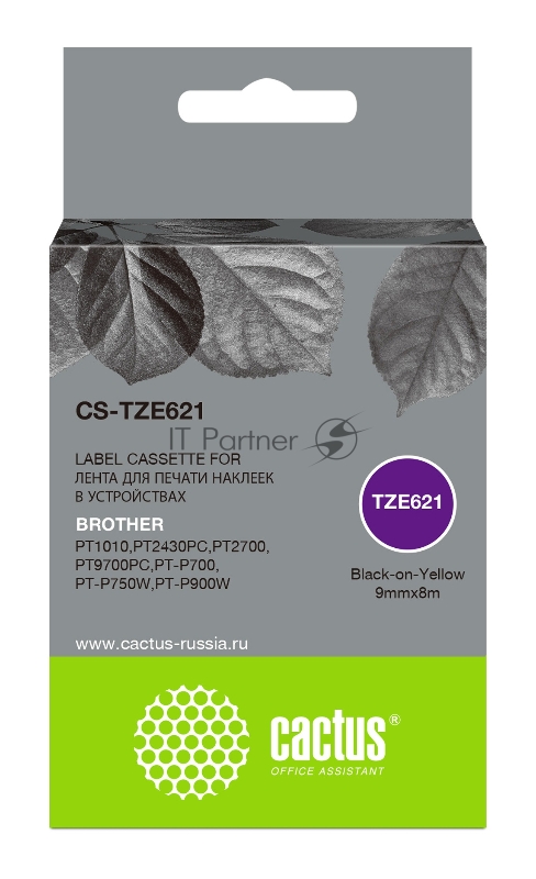 Картридж ленточный Cactus CS-TZE621 черный шрифт, желтый фон (9 мм, 8 м) для Brother 1010/1280/1280VP/2700VP