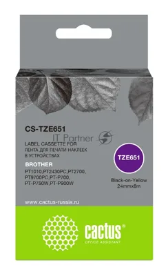 Картридж ленточный Cactus CS-TZE651 черный шрифт, желтый фон (24 мм, 8 м) для Brother 1010/1280/1280VP/2700VP