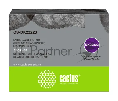 Картридж ленточный Cactus CS-DK22223 50 мм, черный шрифт, белый фон, 30.48 м для Brother P-touch QL-500, QL-550, QL-700, QL-800