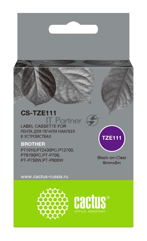 Картридж ленточный Cactus CS-TZE111 черный шрифт, прозрачный фон (6 мм, 8 м) для Brother 1010/1280/1280VP/2700VP