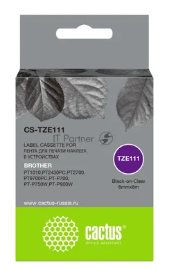 Картридж ленточный Cactus CS-TZE111 черный шрифт, прозрачный фон (6 мм, 8 м) для Brother 1010/1280/1280VP/2700VP