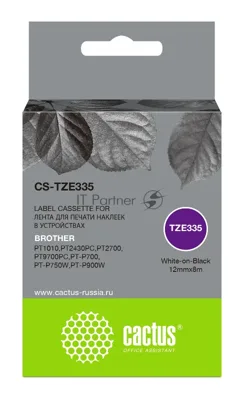 Картридж ленточный Cactus CS-TZE335 белый шрифт, черный фон (12 мм, 8 м) для Brother 1010/1280/1280VP/2700VP