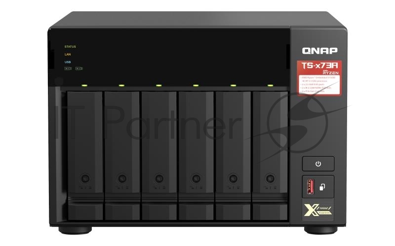 Сетевое хранилище без дисков SMB QNAP TS-673A-8G NAS, 6 trays 3,5"/2,5", 2x2,5 GbE BASE-T, 2 x M.2 NVMe 2280 slots, quad-core AMD Ryzen V1500B 2,2 GHz, 8 Gb SO-DIMM DDR4 (1 x 8 Gb) up to 64Gb (2x32 Gb)