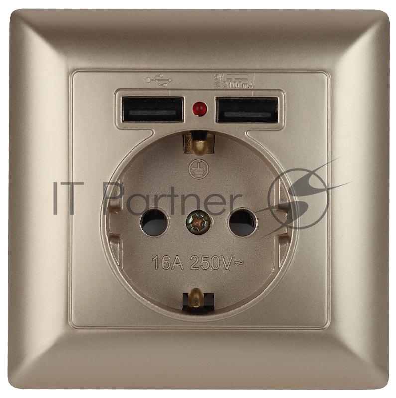 Розетка Intro P+E Schuko со шторками, 16А-250В + 2хUSB, СУ, Solo, шампань (10/100/2500) 4-410-04