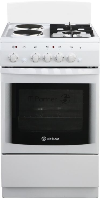 Плита комбинированная De Luxe 506022.03гэ(щ) ЧР-030 белый/черный, конфорок газовых 2 шт и электрических 2 шт, духовка 54 л, 50 см x 85 см x 60 см
