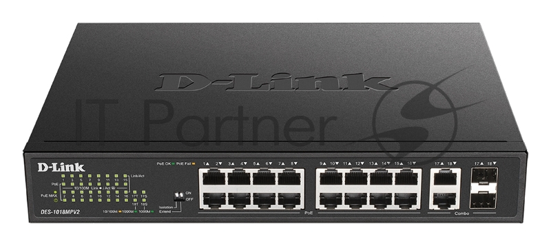 Коммутатор D-Link DES-1018MPV2/A1A, 16×100 Мбит/с + 2×1 Гбит/с Combo, неуправляемый