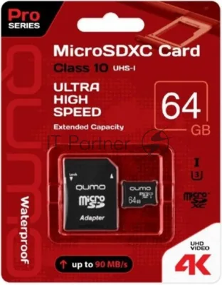 Флеш карта QUMO MicroSDXC 64Gb Сlass 10 UHS-I,3.0 без адаптера SD, черно-красная картонная упаковка