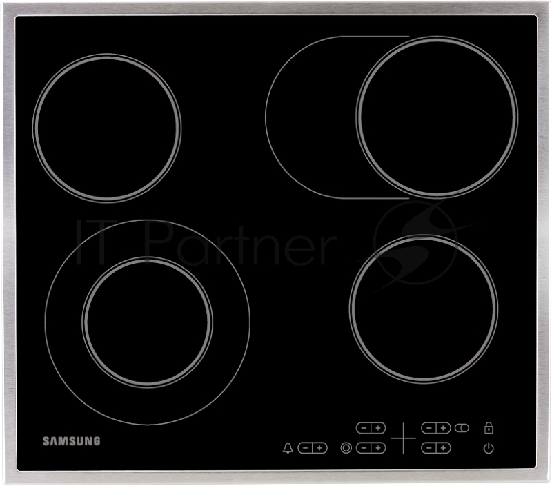 Встраиваемая электрическая панель Samsung NZ64T3516CK/WT, 575x505x55 мм, стеклокерамика, 4 конфорки, рамка - нержавеющая сталь,сенсорное управление, светодиодный LED-дисплей, защита от детей, черный