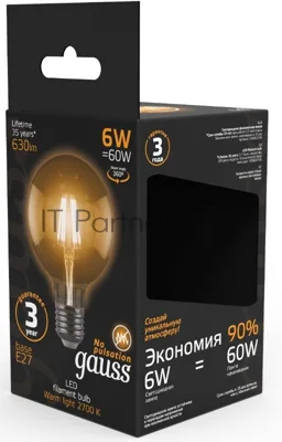 Лампа светодиодная Gauss LED Filament G95 E27 6W 2700K 1/20