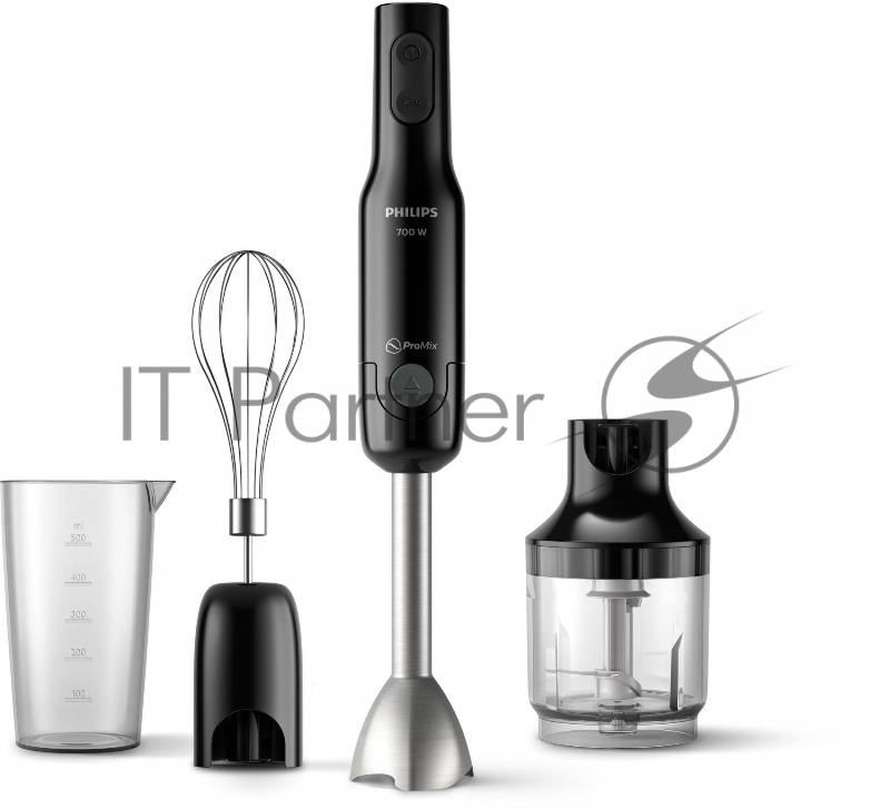 Блендер погружной Philips HR2543/90, 700 Вт, 1 скорость, турбо режим, стакан для взбивания, венчик, измельчитель, черный