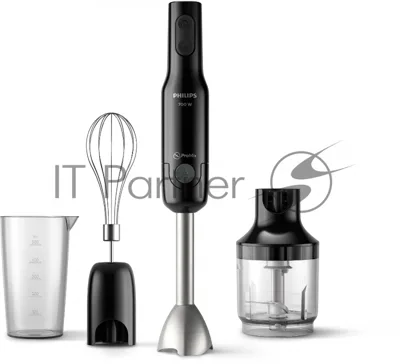 Блендер погружной Philips HR2543/90, 700 Вт, 1 скорость, турбо режим, стакан для взбивания, венчик, измельчитель, черный