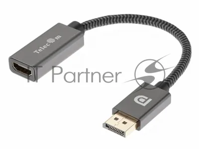 Кабель-переходник DP --> HDMI-F 0.2m, серый металлик, оплетка, 4K@60Hz, Telecom (TA560)