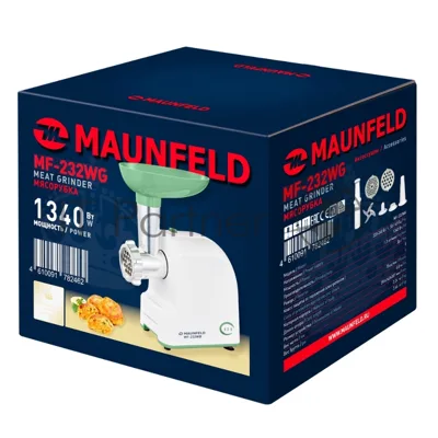 Мясорубка электрическая Maunfeld MF-232WG зеленый, 1340 Вт, 1.3 кг/мин, реверс, насадки - 4