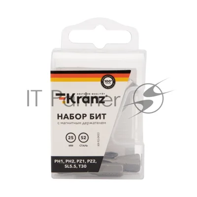 Набор бит Kranz 25 мм PH1, PH2, PZ1, PZ2, SL5.5, T30 с магнитным держателем (7 шт./уп.)