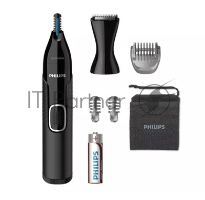 Триммер Philips для носа и ушей, черный, корпус - пластик, 3 насадки-гребня, насадка - триммер, щеточка для очистки, мягкий чехол, батарейка