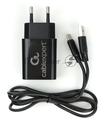 Сетевое зарядное устройство Cablexpert MP3A-PC-37 USB 2 порта, 2.4A, черный + кабель 1м Type-C