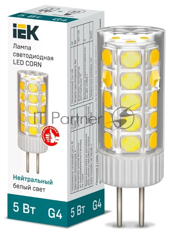 Лампа светодиодная IEK LLE-CORN-5-012-40-G4 CORN 5Вт капсула 4000К G4 12В керамика