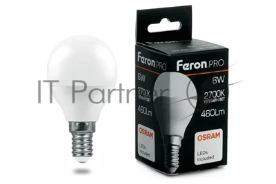 Лампа светодиодная FERON PRO LB-1406 (38065) шарик E14 6W 2700K