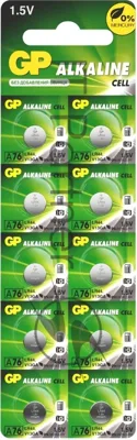 Алкалиновые пуговичные батарейки GP A76 (A76FRA-2C10250/5000) 10шт на отрывном блистере