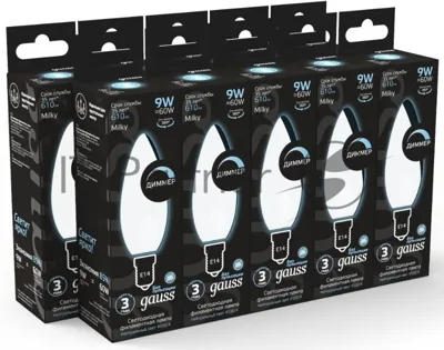 Лампа cветодиодная LED Gauss Filament Свеча 9W 610lm 4100К Е14 milky диммируемая 1/10/50 103201209-D